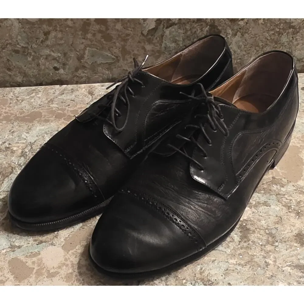 Stamati Mastroianni Men’s Black Leather Cap Toe Oxford Bespoke Shoes Size 10.5 W